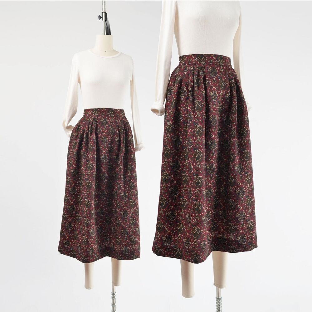 Vintage 80s Wool Paisley Midi Skirt High Waisted Full Pleated Dark Academia M 28
